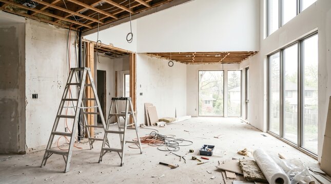 Empty room under renovation with ladders exposed wiring and construction tools. Bright modern home remodel interior with unfinished ceiling, windows and repair materials.