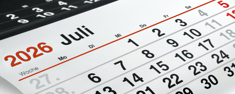 Deutscher Kalender Monat Juli  2026 rot schwarz weiss