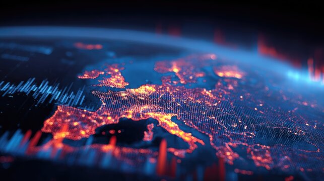Illuminated Europe's continents glow with city lights, data streams, and global connections