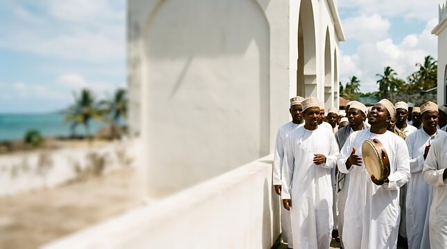 African muslim men in traditional white robes walking by the coast