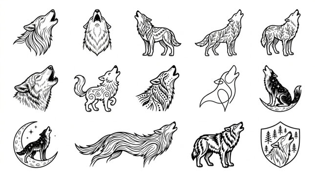Collection of Hand Drawn Wolf Illustrations Howling at Moon.