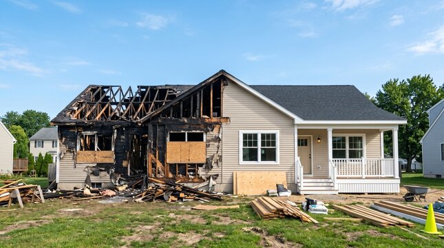 Severely burned suburban house with exposed roof framing and construction debris after fire damage. Home restoration and insurance repair project on a residential property.