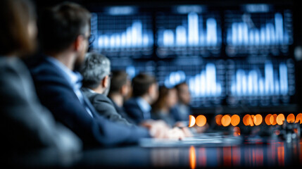Obraz premium A group of business professionals in a meeting room, analyzing charts on a large screen that illustrate various asset allocation strategies. This image conveys the collaborative effort in optimizing