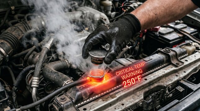 Mechanic&rsquo;s gloved hand opening steaming vehicle radiator, digital thermal overlay displaying critical temperature warning &ldquo;250℉&rdquo;, engine overheating emergency, and automotive maintenance