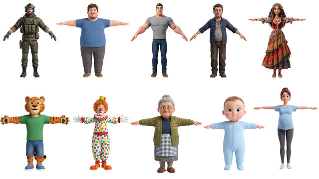 Diverse 3d character models standing in t-pose
