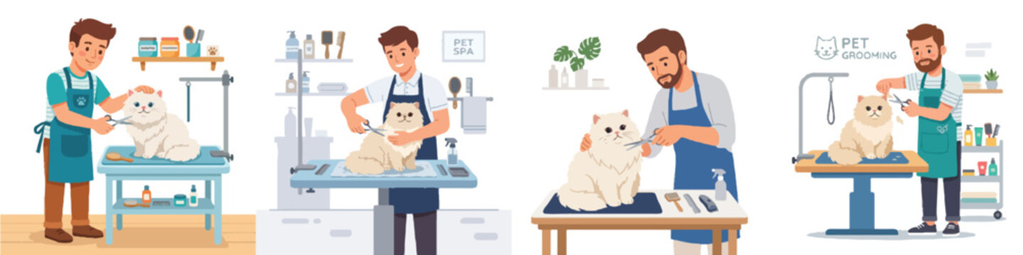 A male stylist carefully trimming the fur of a cute Persian cat with scissors, professional pet salon setup, flat design, minimal, no outline, expressive and clear faces, white background.
