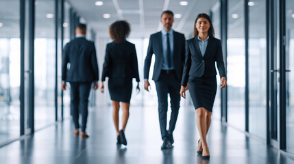 Fototapeta premium Business people walking corridor office interior group of professionals formal suit modern workplace blurred background teamwork career path