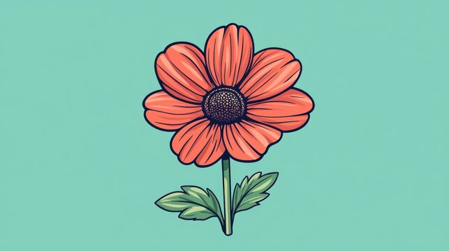 Vibrant coral flower illustration on teal background. Possible use Stock photo for floral design, nature theme, or greeting card
