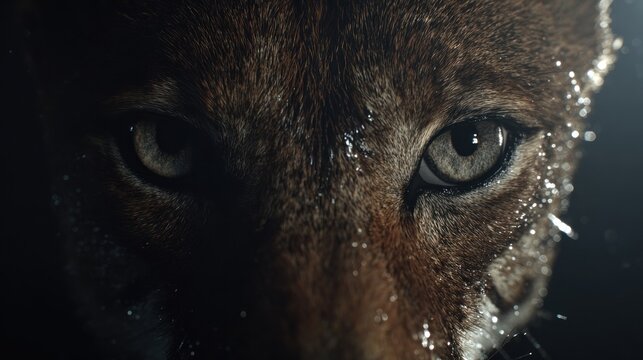 Intense close up captures the piercing gaze of a wild feline in darkness