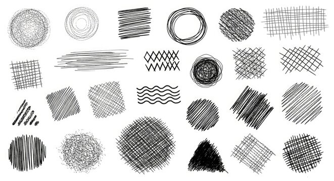 Hand drawn pencil sketches and textures set on white background