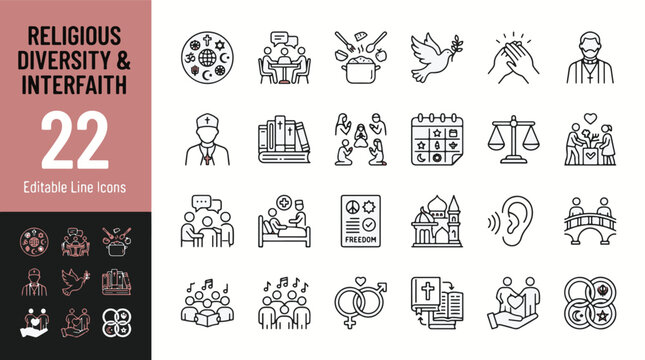 Religious diversity and interfaith line icon set. Spirituality, faith, priest, prayer, mosque, church, bible, and charity minimal vector illustration. Simple outline signs for culture. Editable Stroke
