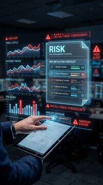 Holographic display of risk management and cybersecurity alerts, representing data analysis and threat detection for business security.