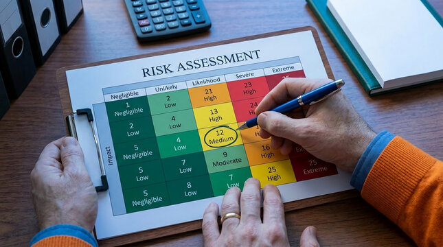 Hand marking a risk assessment chart, showing a matrix for evaluating likelihood and impact, symbolizing business analysis and planning