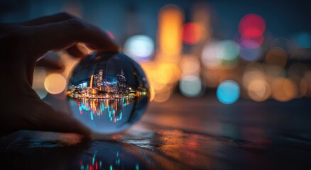 Fototapeta premium A hand holds a crystal ball reflecting a city skyline with a financial graph