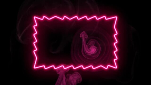 Glowing pink neon zigzag frame with swirling smoke and abstract circular patterns on black background dynamic abstract motion for
