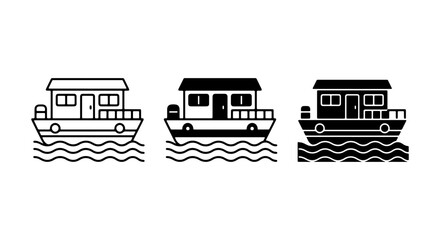 Houseboat Icons Set, Floating Home Vector Graphics, Nautical Dwelling Symbols, Watercraft Illustration © Arman