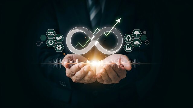 A businessman presents a glowing infinity symbol with an upward trend arrow in his cupped hands surrounded by various icons.