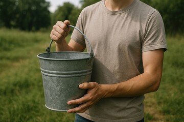 Obraz premium Man holding metal bucket outdoors.