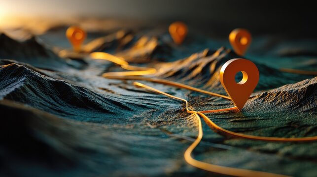 Golden path markers create a route across a textured, mountainous terrain