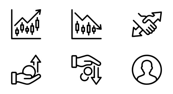 Financial Growth and Decline Icons: Stock Market Charts, Investment, and Business Deal Icons, Vector Set