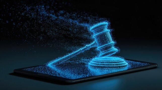 Digital gavel emerging from a tablet screen as blue particles