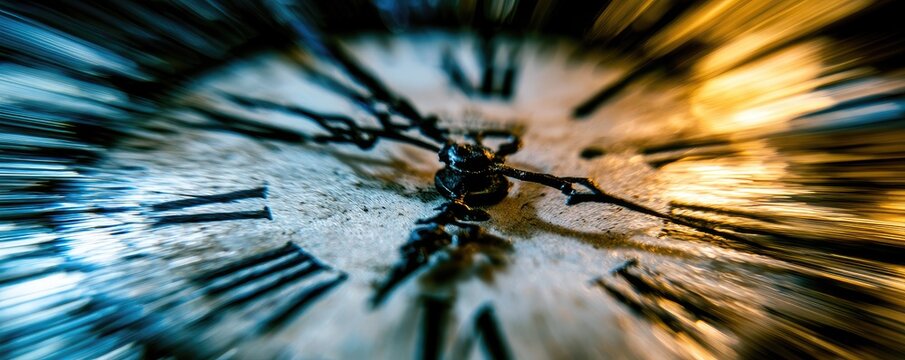 Extreme close-up of a vintage clock face with Roman numerals and blurring effect