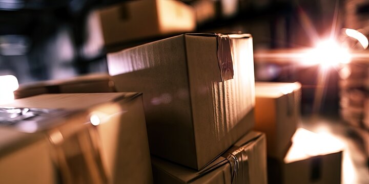 Stacked cardboard boxes in a dimly lit warehouse with bright lens flare