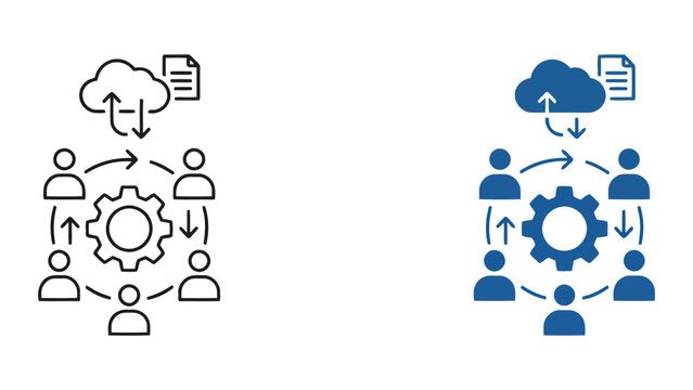 Cloud computing and team workflow management icon set showing gear mechanisms and document sharing for professional business collaboration and digital organizational system solutions
