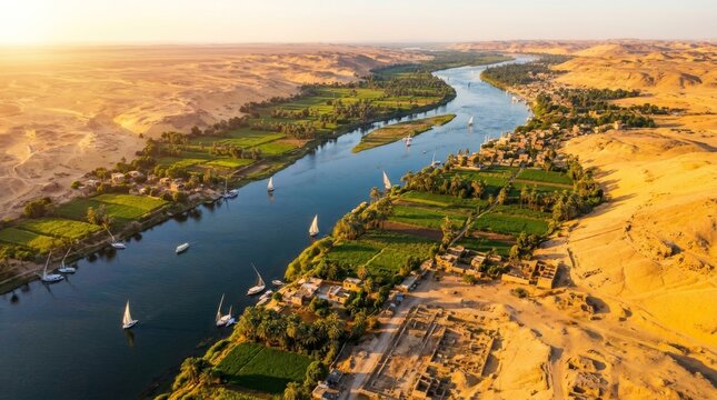 Aerial View of the Nile River Valley with Feluccas Sailing at Sunset