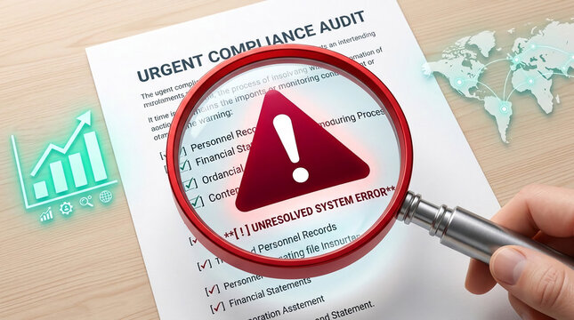 Magnifying glass focuses on urgent compliance audit document with red warning symbol and "UNRESOLVED SYSTEM ERROR". Concept of business, analysis, and problem identification.