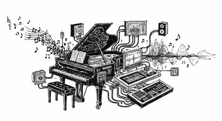 The fusion of classical music and modern technology, represented by a grand piano connected to audio equipment and digital interfaces. © sen