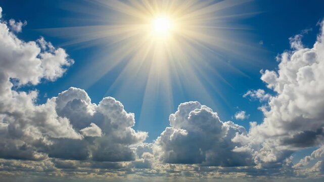 Radiant sunbeams pierce through dramatic cumulus clouds against a vibrant blue sky creating a powerful and inspiring atmospheric backdrop