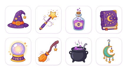 Illustration of magical items for fantasy setting with witch hat, wand, potion, and spellbook. © MuhammadAbdulJalil01