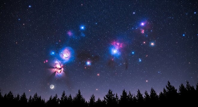 Orion constellation and nebula over pine forest at night