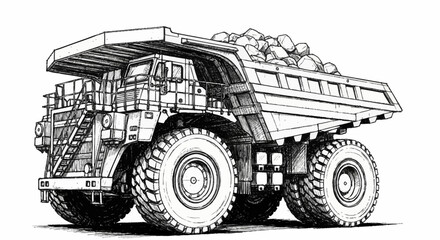 Detailed sketch of a large mining dump truck loaded with rocks, emphasizing its heavy-duty construction and industrial purpose. © sen