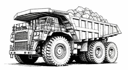 Detailed sketch of a large mining dump truck loaded with rocks, showcasing heavy machinery in industrial settings. © sen