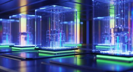 Obraz premium Futuristic quantum computing chamber with translucent glass processors illuminated by vibrant prismatic light refractions and neon glows, optics, violet, future