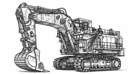 Detailed sketch of a large hydraulic excavator with tracks and a massive bucket, isolated on a white background. © sen