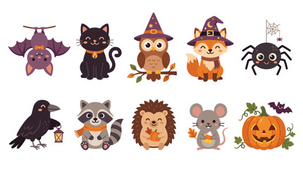 Obraz premium Halloween animals and creatures gather for a spooky celebration together outdoors at night.