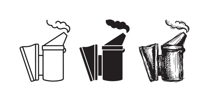 Set of bee smoker illustrations showing smoke plumes, rendered in line art, filled shape, and sketch styles.