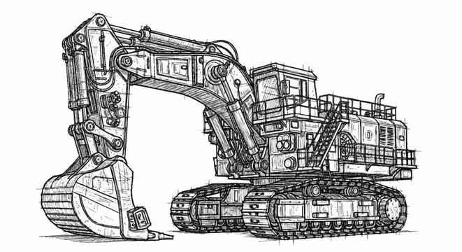 Detailed sketch of a large mining excavator with a bucket and tracks, isolated on a white background.