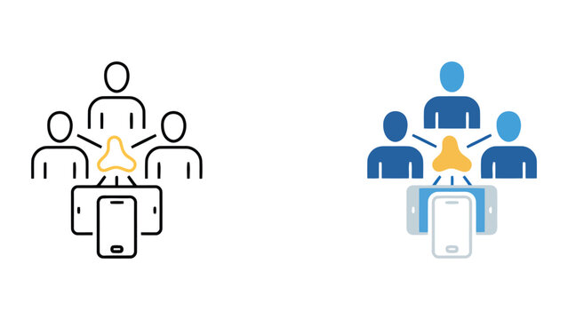 Team brainstorming with mobile technology icon set featuring people gathered around connected devices for digital collaboration and group problem solving in a clean vector graphic style