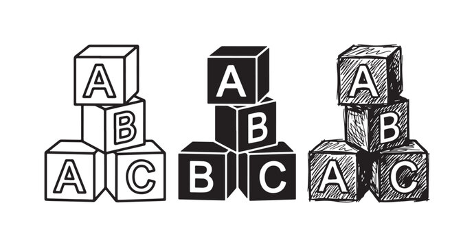 Set of three children's ABC alphabet blocks icons, arranged in a stack, depicted in outline, solid, and hand-drawn sketch styles.