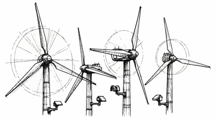 Detailed sketch of four wind turbines showing different angles and components. © sen