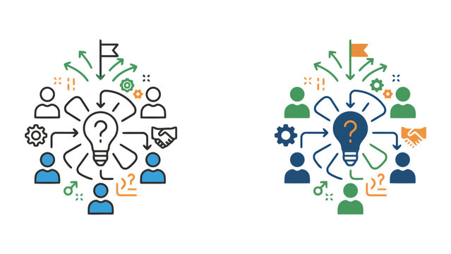 Strategic business planning and goal achievement icon set showing people brainstorming around a central idea with a flag and handshake for success in a professional vector graphic design