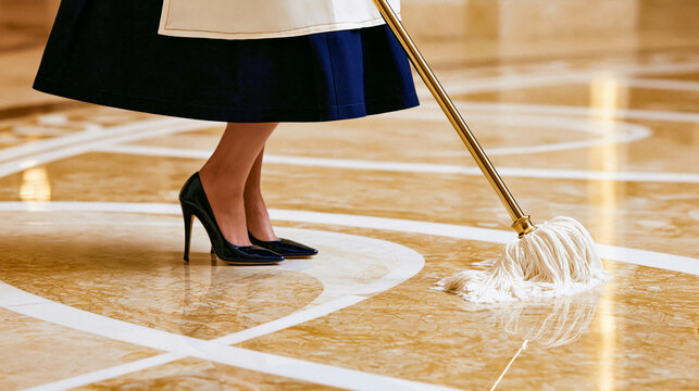 Elegant housekeeper in uniform and high heels wet mops gleaming patterned tile floors. The polished surface reflects light, showing pristine cleanliness and meticulous care.