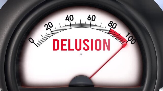 Delusion meter that is hitting a full scale, increasing and high levels of delusion, potential overload. Maximum delusion value, off the charts.