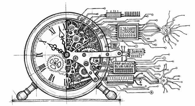 Conceptual illustration of a clock merging with electronic circuits and neural networks, symbolizing the evolution of timekeeping and technology.