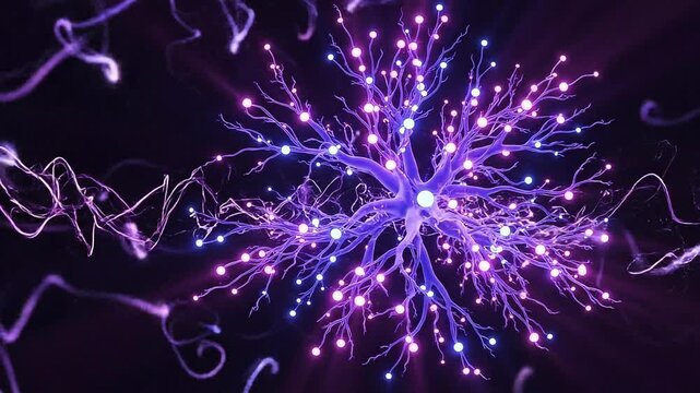 Detailed closeup illustration of a bioluminescent neuron with glowing dendrites and synapses in a dark environment
