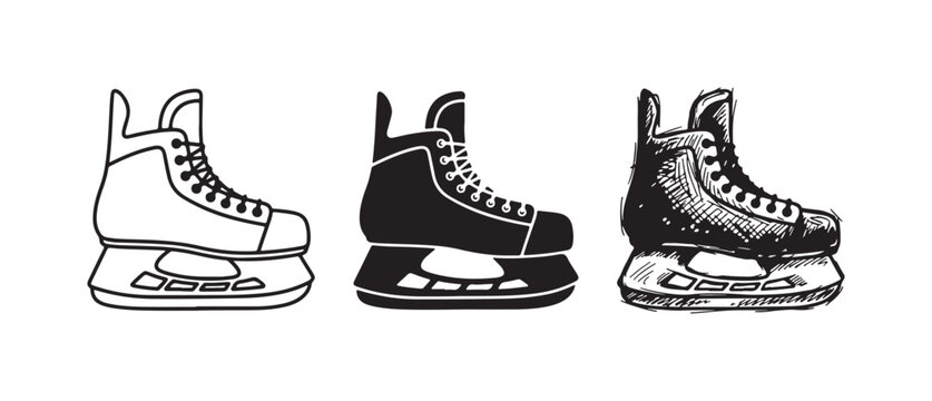 Hockey Ice Skate Icon Set - Outline, Solid Silhouette, and Detailed Hand-Drawn Sketch